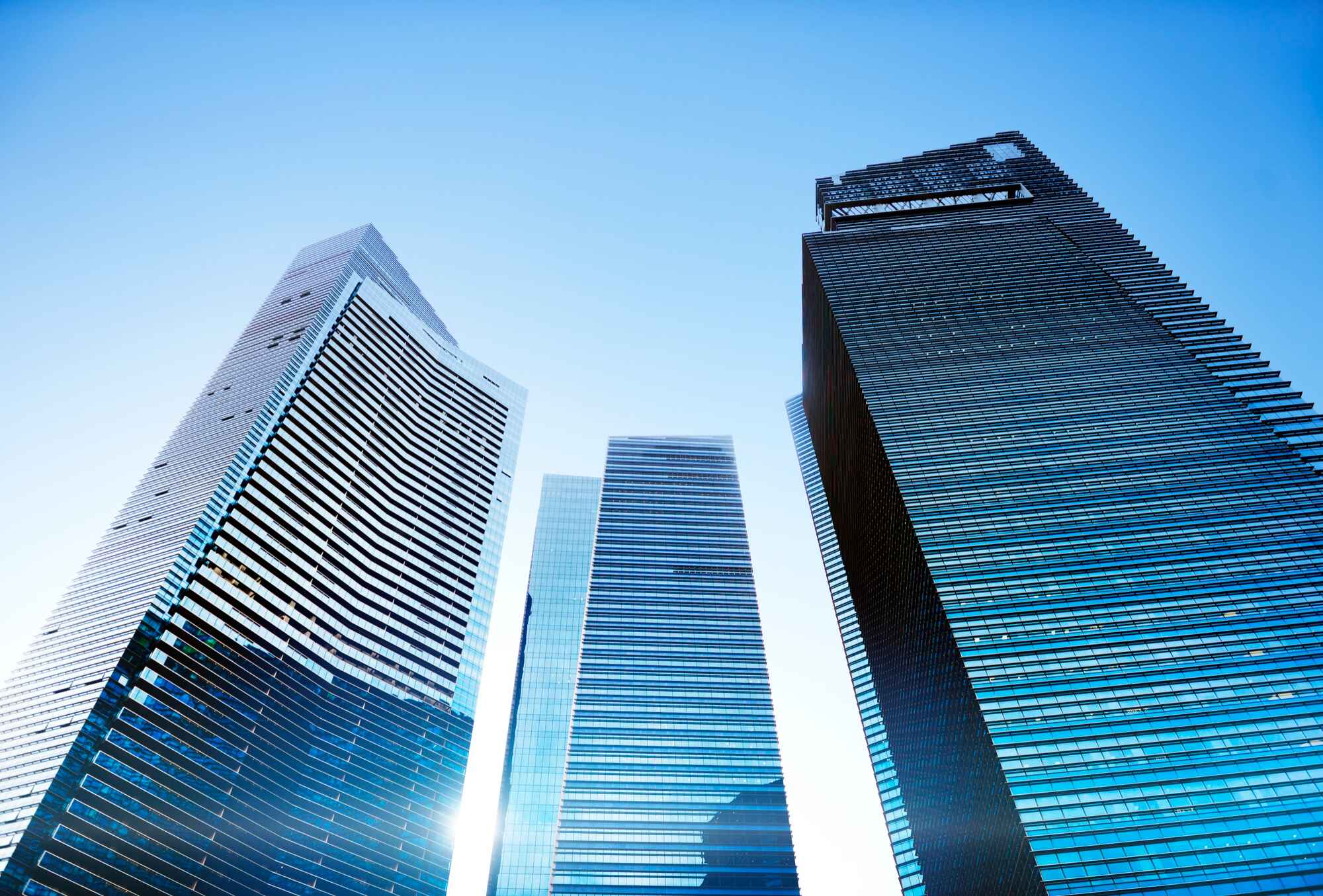 Looking up at commercial office buildings